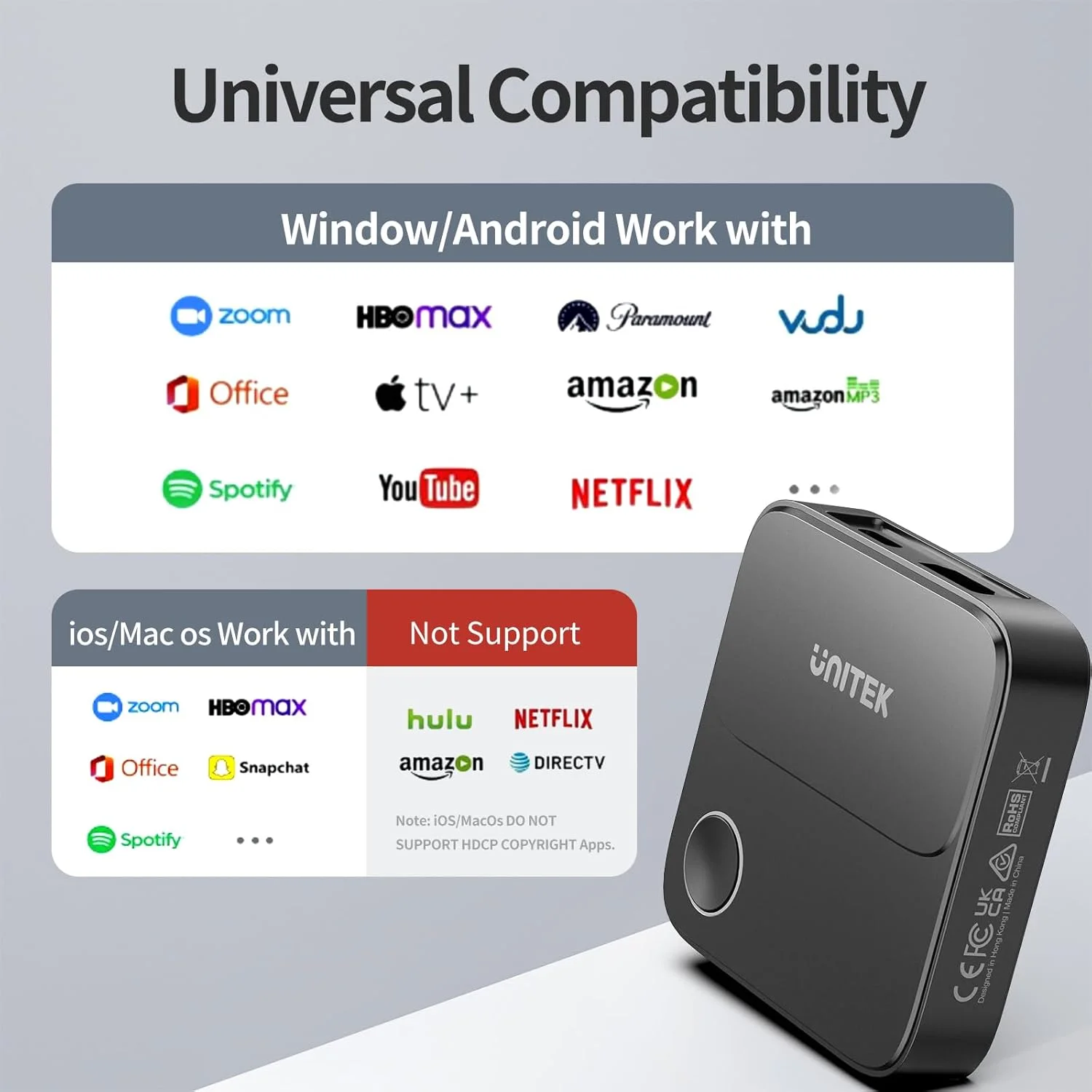 دانگل آداپتور نمایشگر HDMI بی سیم Unitek - آداپتور 2.4G/5G 4K Miracast/Airplay، وای فای HDMI برای تلویزیون/پروژکتور/مانیتور، پخش تصویر 4K@60Hz برای Miracast/iOS/Mac OS/Airplay/Android/Windows/DLNA دانگل آداپتور نمایشگر HDMI بی سیم Unitek - آداپتور 2.4G/5G 4K Miracast/Airplay، وای فای HDMI برای تلویزیون/پروژکتور/مانیتور، پخش تصویر 4K@60Hz برای Miracast/iOS/Mac OS/Airplay/Android/Windows/DLNA