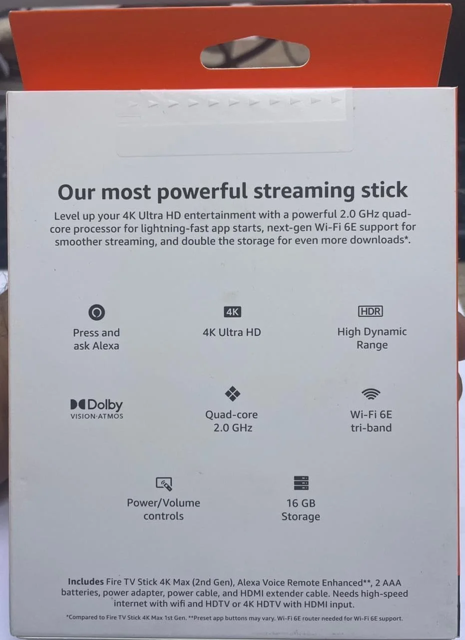 فایر تی وی استیک 4K MAX نسخه گلوبال با 16 گیگابایت حافظه به همراه ریموت کنترل صوتی جدید الکسا، پخش ویدیو تا کیفیت 4K HDR، دارای 16 گیگابایت حافظه داخلی، 1 پورت HDMI، وای فای دو بانده 5، پشتیبانی از HDR10+، HLG و Dolby Vision