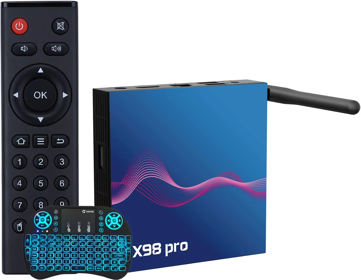 دستگاه اندروید باکس تلویزیون SXGCH مدل 12.0، رم 4 گیگابایت، حافظه داخلی 64 گیگابایت، ست تاپ باکس هوشمند، اندروید باکس تلویزیون H618 1080P Ultra HD 4K HDR AV1 Wifi 2.4G 5.8Ghz BT 4.1 USB 2.0 به همراه مینی کیبورد بی‌سیم دارای نور پس‌زمینه، 4GB+64GB