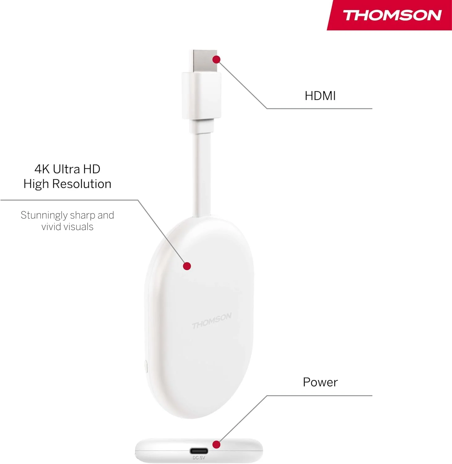 دانگل استریمینگ 4K UHD گوگل تی وی Thomson Go Cast 150، دالبی اتموس، دالبی دیجیتال پلاس، کنترل صوتی، گوگل کست، SDRAM 2GB، فلش 8GB، منبع تغذیه چند شاخه (2 پین/3 پین)