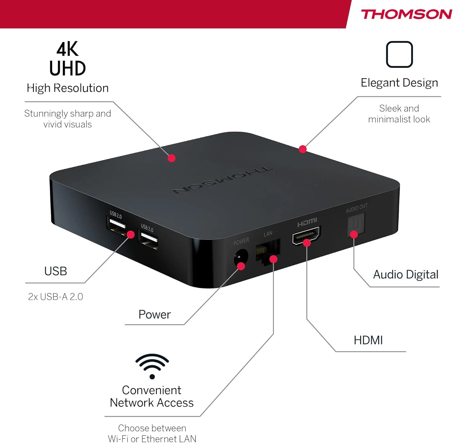 دستگاه پخش جریانی Thomson 240UK، کیفیت 4K UHD، گوگل تی وی، کنترل صوتی گوگل، وای فای، Googlecast داخلی