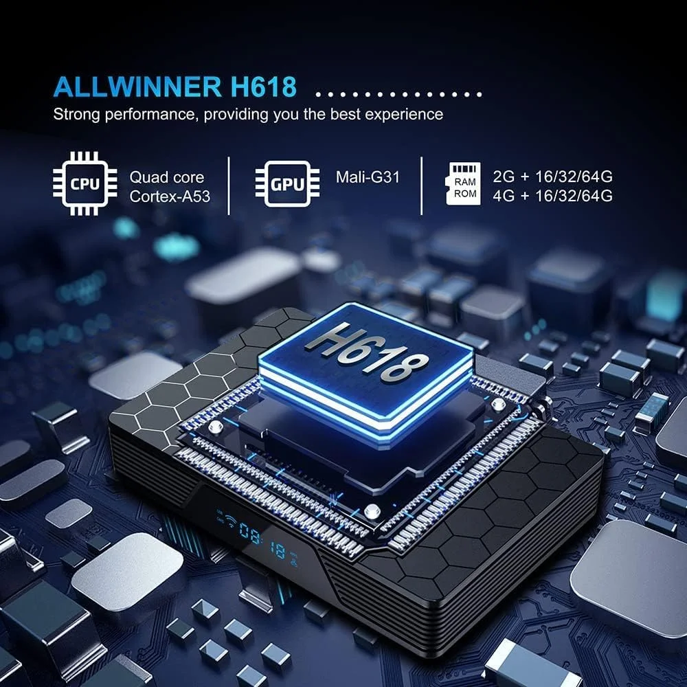 اندروید باکس SXGCH مدل X98H Pro، اندروید 12.0، با پردازنده Allwinner H618 Quad Core ARM Cortex A53، پشتیبانی از Ultra HD 6K، وای فای 6 دو بانده 2.4G/5.8G، بلوتوث 5.0، پورت اترنت 1000M، حافظه رم 4 گیگابایت + حافظه داخلی 64 گیگابایت