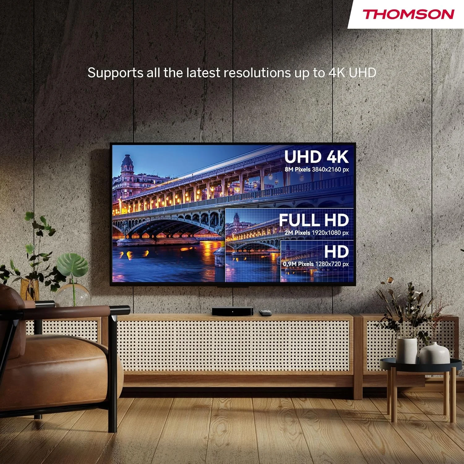 دستگاه پخش جریانی Thomson 240UK، کیفیت 4K UHD، گوگل تی وی، کنترل صوتی گوگل، وای فای، Googlecast داخلی