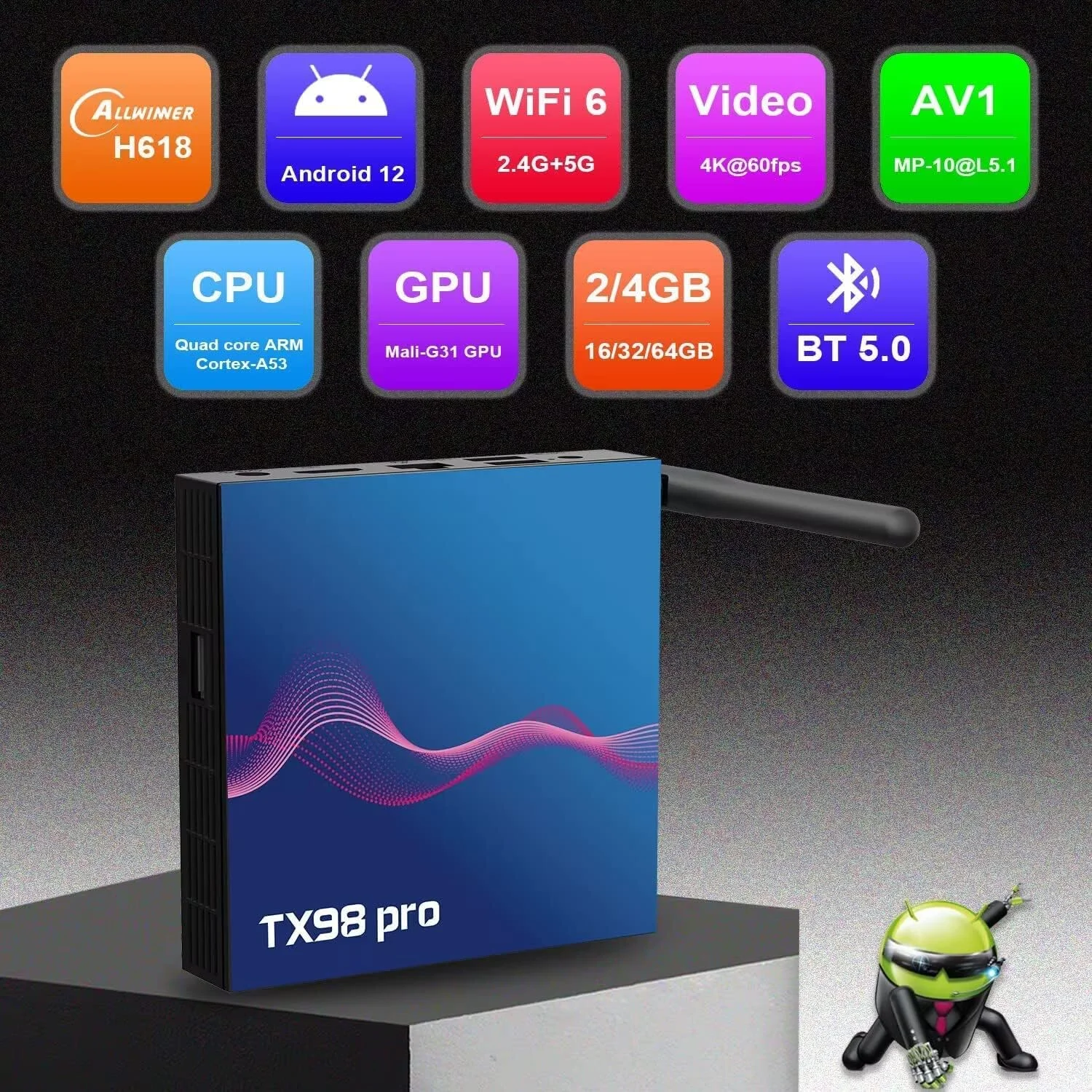 اندروید باکس 12.0، رم 4 گیگابایت رام 64 گیگابایت، ست تاپ باکس، اندروید باکس هوشمند مدل H618، کیفیت 1080P Ultra HD 4K HDR AV1، وای فای 2.4G 5.8Ghz، بلوتوث 4.1، USB 2.0 همراه با مینی کیبورد بی سیم دارای نور پس زمینه، 2 گیگابایت رم + 16 گیگابایت رام اندروید باکس 12.0، رم 4 گیگابایت رام 64 گیگابایت، ست تاپ باکس، اندروید باکس هوشمند مدل H618، کیفیت 1080P Ultra HD 4K HDR AV1، وای فای 2.4G 5.8Ghz، بلوتوث 4.1، USB 2.0 همراه با مینی کیبورد بی سیم دارای نور پس زمینه، 2 گیگابایت رم + 16 گیگابایت رام