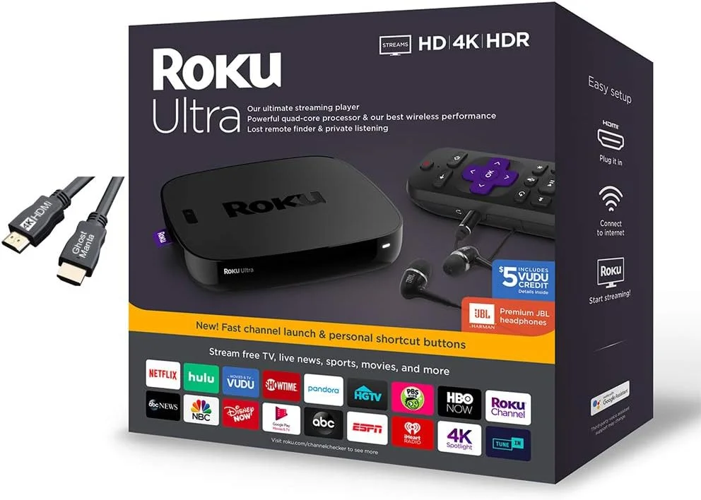 دستگاه پخش رسانه ای Roku Ultra با کیفیت 4K/HD/HDR به همراه هدفون های JBL و کابل HDMI 4K Ghost Manta