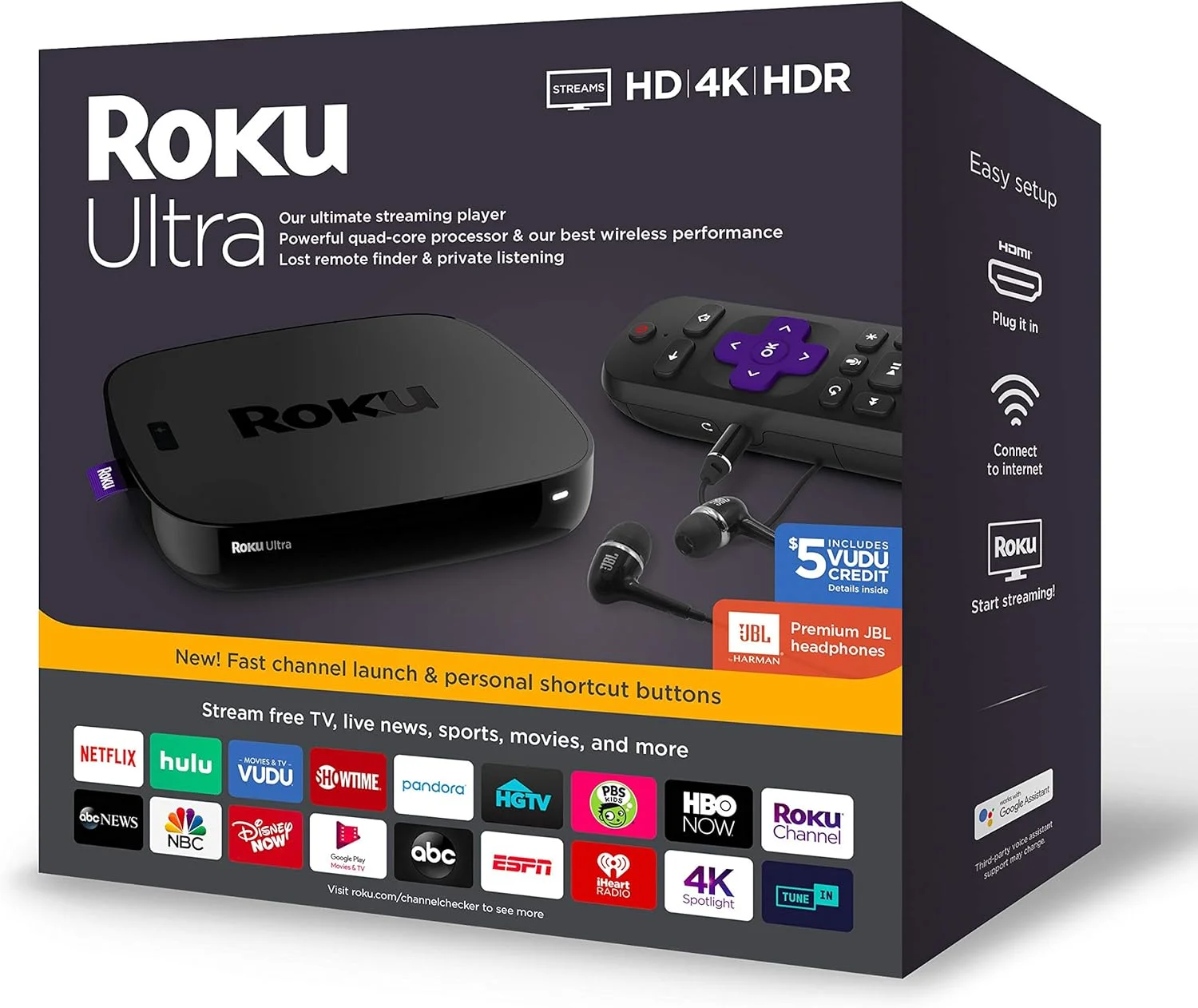 دستگاه پخش رسانه ای Roku Ultra با کیفیت 4K/HD/HDR به همراه هدفون های JBL و کابل HDMI 4K Ghost Manta دستگاه پخش رسانه ای Roku Ultra با کیفیت 4K/HD/HDR به همراه هدفون های JBL و کابل HDMI 4K Ghost Manta