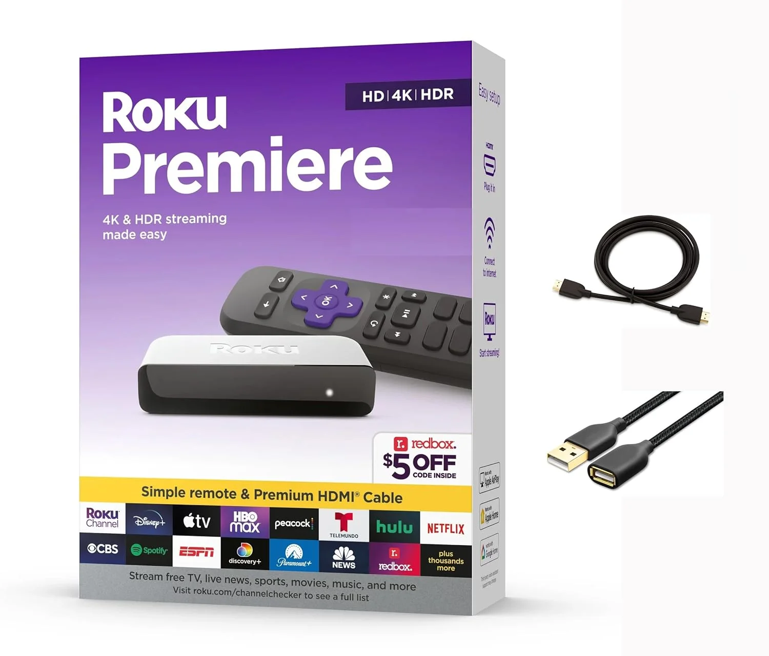 روکو 3920RW-SW Premiere، پخش کننده رسانه ای استریم 4K/HDR، دارای Wi-Fi، به همراه کابل HDMI پرسرعت ممتاز و ریموت کنترل ساده