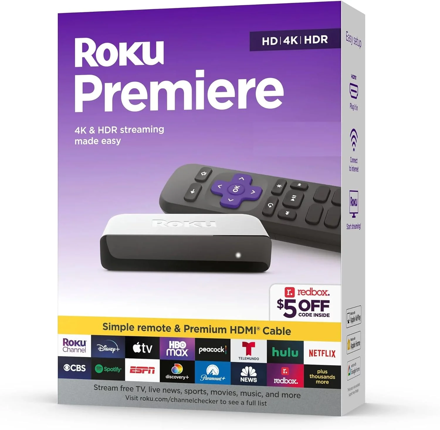 روکو 3920RW-SW Premiere | پخش کننده رسانه ای استریم 4K/HDR با قابلیت Wi-Fi به همراه کابل HDMI پرسرعت ممتاز و ریموت ساده