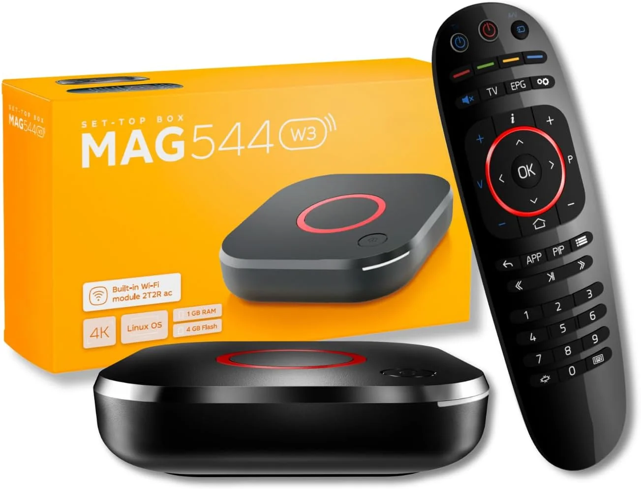 دستگاه گیرنده تلویزیون Raxxio MAG544w3 - دستگاه پخش جریانی تلویزیون 4K HDR با چیپست Amlogic S905Y4، رم 1 گیگابایتی DDR4، حافظه فلش 4 گیگابایتی، Dolby Digital Plus، لینوکس 4.9، وای فای دو بانده، USB 2.0، کابل HDMI و ریموت