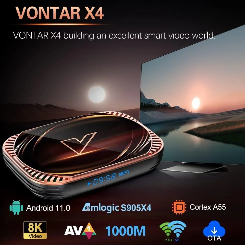 اندروید باکس LIROM Android 11.0، مدل VONTAR X4 با پردازنده چهارهستهای Amlogic S905X4 64Bit ARM Cortex A55، پشتیبانی از وایفای دوگانه 2.4G/5.0G، کیفیت 8K Utral HD H.265، بلوتوث 4.0، اترنت 1000M، حافظه 4 گیگابایت + 128 گیگابایت اندروید باکس LIROM Android 11.0، مدل VONTAR X4 با پردازنده چهارهستهای Amlogic S905X4 64Bit ARM Cortex A55، پشتیبانی از وایفای دوگانه 2.4G/5.0G، کیفیت 8K Utral HD H.265، بلوتوث 4.0، اترنت 1000M، حافظه 4 گیگابایت + 128 گیگابایت