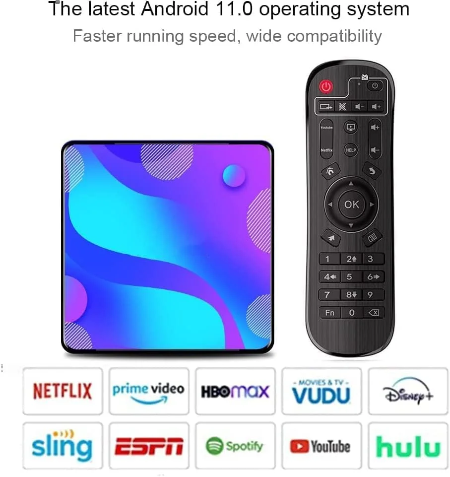 باکس تلویزیون اندروید 11.0 LIROM، رم 4 گیگابایت، رام 128 گیگابایت، پردازنده چهار هسته ای RK3318، پشتیبانی از وای فای دو بانده 2.4G/5.8G، بلوتوث 4.2، ست تاپ باکس 4K/6K Ultra HD، 2gb+16gb