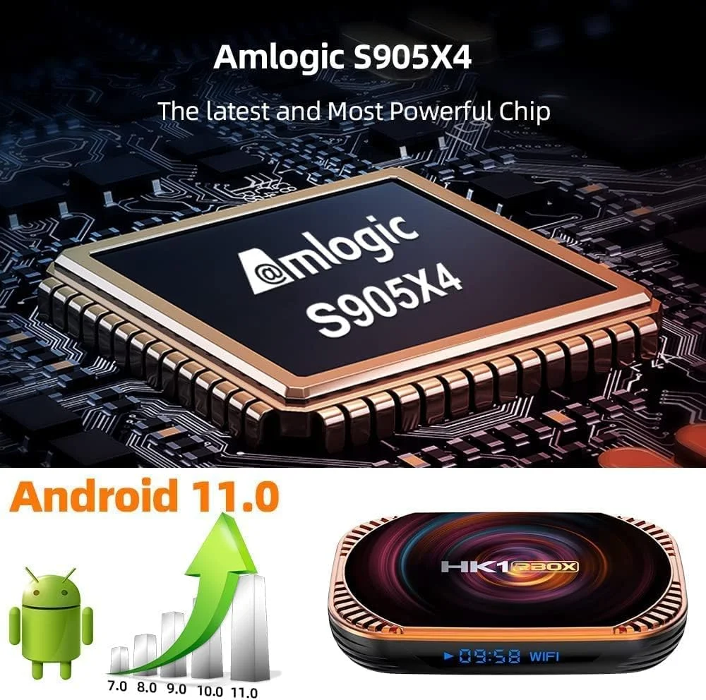 اندروید باکس LIROM مدل TV Box Android 11.0 [4GB 128GB] HK1 RBOX X4 4K/8K، اندروید باکس هوشمند با چیپست Amlogic S905 X4، وای فای دوگانه 2.4G/5G، پورت 100/1000M، دیکود H.265، پورت USB 3.0، ست تاپ باکس، 4 گیگابایت + 32 گیگابایت