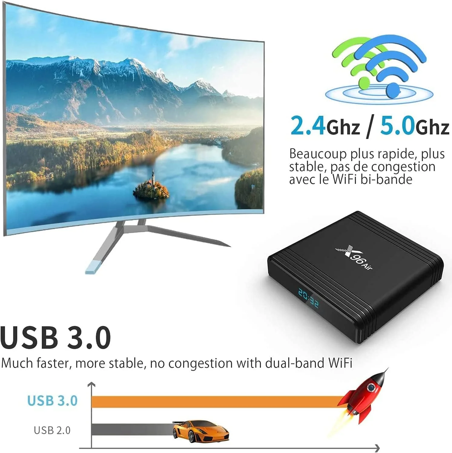 اندروید باکس تلویزیون LIROM Android 9.0، مدل X96 AIR با 4 گیگابایت رم و 64 گیگابایت حافظه داخلی، مجهز به پردازنده Amlogic S905X3 64-Bit Quad Core ARM Corte-A55، پشتیبانی از وای فای دوگانه 2.4G/5G، کیفیت 8K/3D/USB 3.0/H.265، جعبه های تلویزیون هوشمند، 4 گیگابایت رم + 32 گیگابایت حافظه داخلی