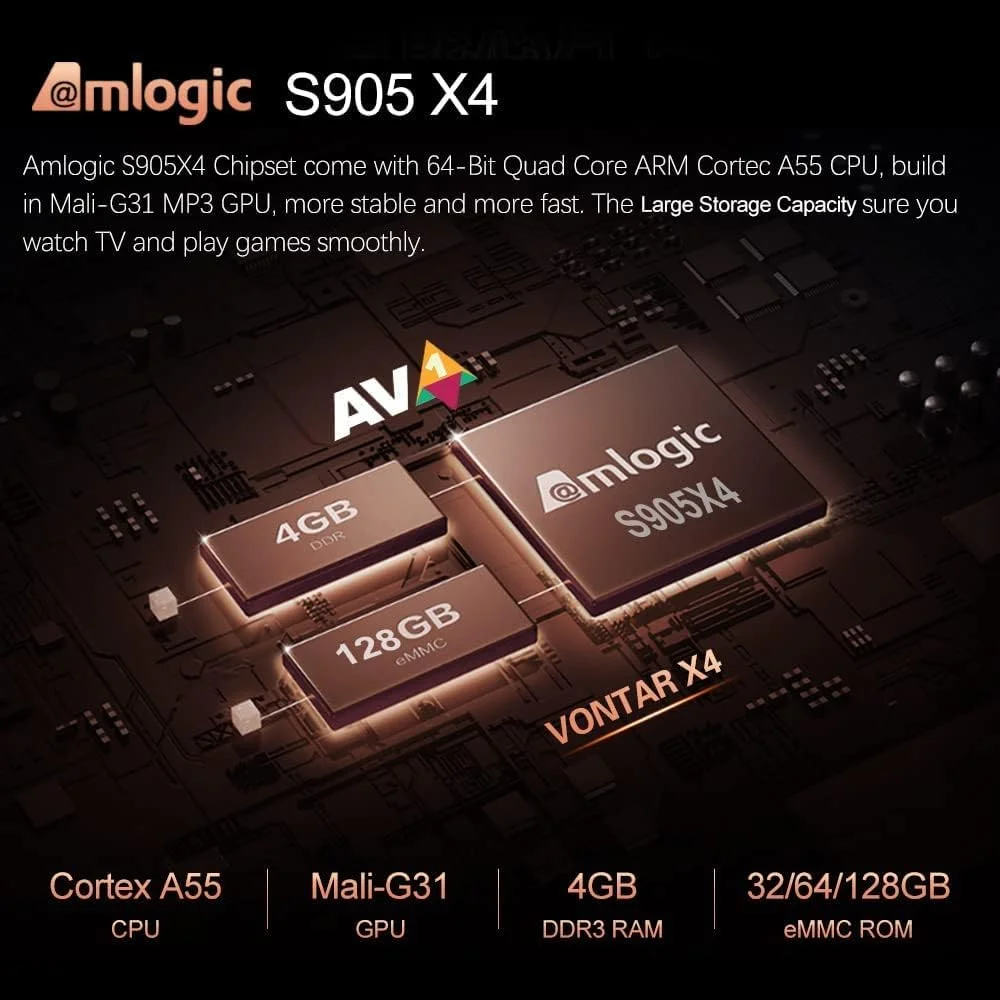 اندروید باکس LIROM Android 11.0، پردازنده چهار هسته‌ای VONTAR X4 Amlogic S905X4 64 بیتی ARM Cortex A55، پشتیبانی از وای‌فای دوگانه 2.4G/5.0G، کیفیت 8K Utral HD H.265، بلوتوث 4.0، اترنت 1000M، حافظه 4 گیگابایت + 32 گیگابایت