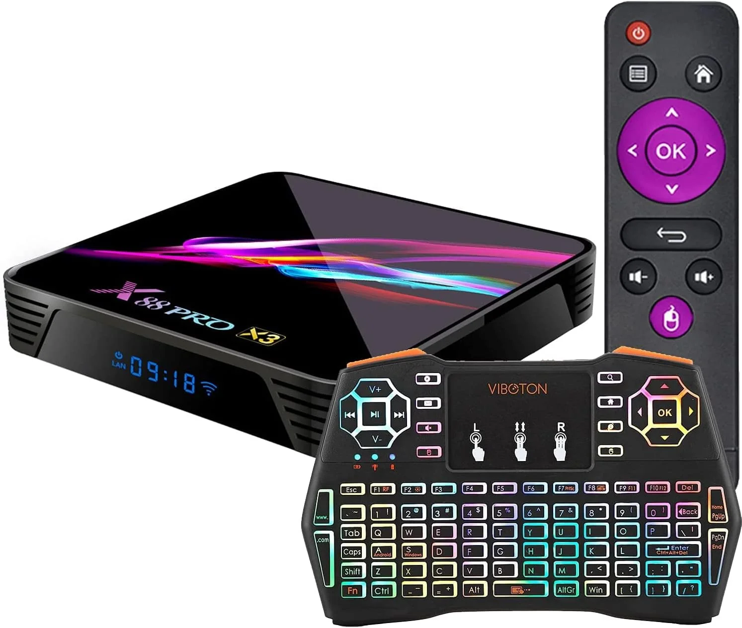 اندروید باکس تلویزیون LIROM مدل 9.0، با 4 گیگابایت رم + 128 گیگابایت حافظه داخلی، پردازنده چهارهسته‌ای 64 بیتی Amlogic S905X3 Cortex-A55، وای‌فای 2.4G/5G BT4.1، کیفیت 8K Ultra HD، پورت USB 3.0، کدک H.265، اترنت 1000M، ست تاپ باکس، 4 گیگابایت + 128 گیگابایت