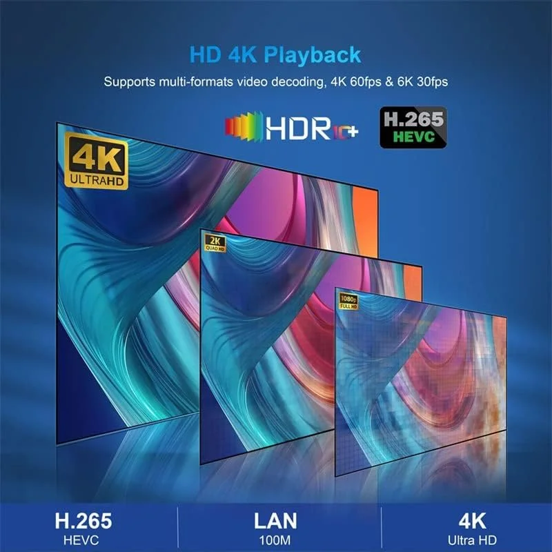 اندروید باکس تلویزیون LIROM مدل X98H با اندروید 12.0، حافظه 4GB+32GB، کیفیت 4K/6K، تراشه هوشمند Amlogic Allwinner H618، وای فای دوگانه 2.4G/5G، پورت 100/1000M، کدک H.265، پورت USB 3.0، ست تاپ باکس، 2GB+16GB