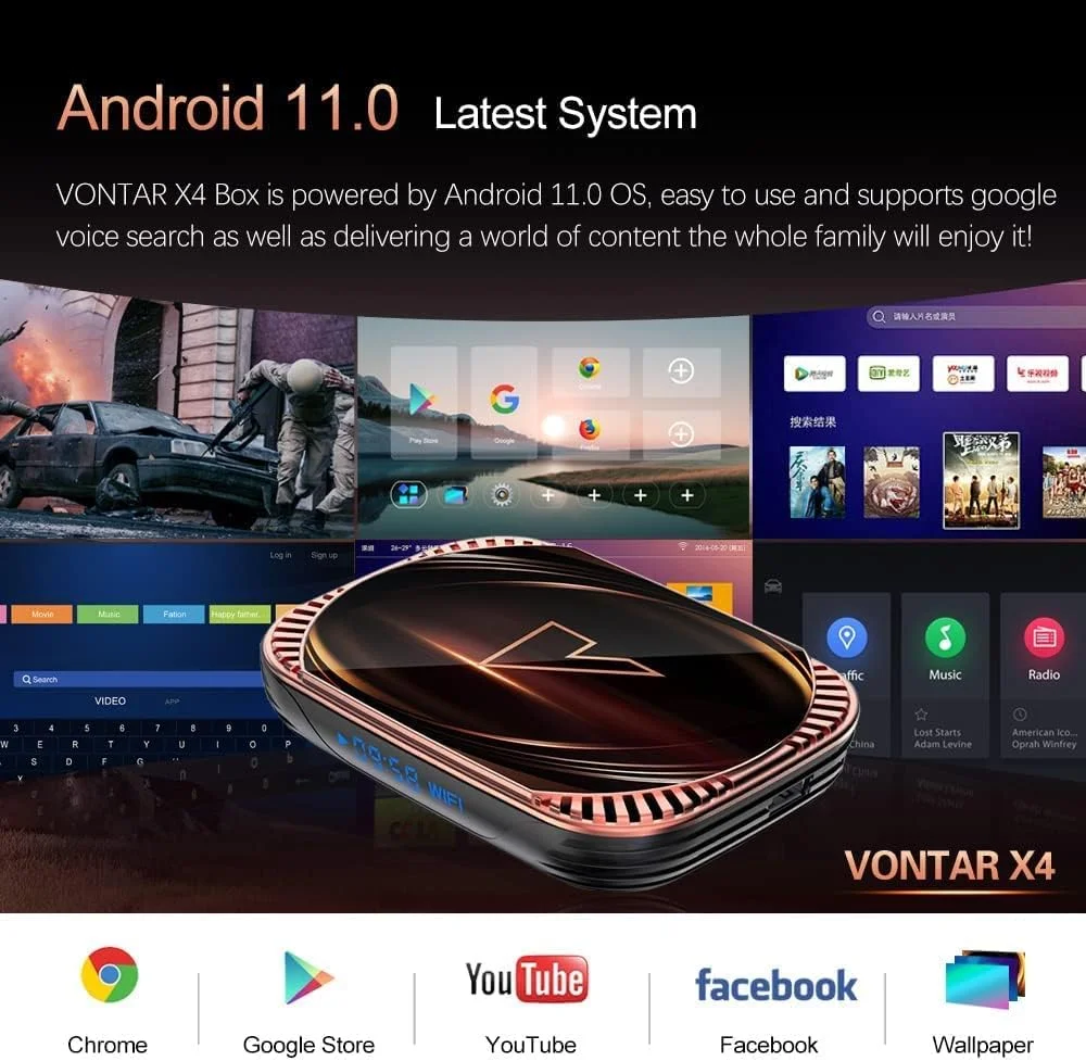 اندروید باکس LIROM Android 11.0 TV Box، پردازنده چهار هستهای VONTAR X4 Amlogic S905X4 ARM Cortex A55 64 بیتی، پشتیبانی از وای فای دوگانه 2.4G/5.0G، کیفیت 8K Utral HD H.265، بلوتوث 4.0، اترنت 1000M، حافظه 4 گیگابایت + 64 گیگابایت اندروید باکس LIROM Android 11.0 TV Box، پردازنده چهار هستهای VONTAR X4 Amlogic S905X4 ARM Cortex A55 64 بیتی، پشتیبانی از وای فای دوگانه 2.4G/5.0G، کیفیت 8K Utral HD H.265، بلوتوث 4.0، اترنت 1000M، حافظه 4 گیگابایت + 64 گیگابایت