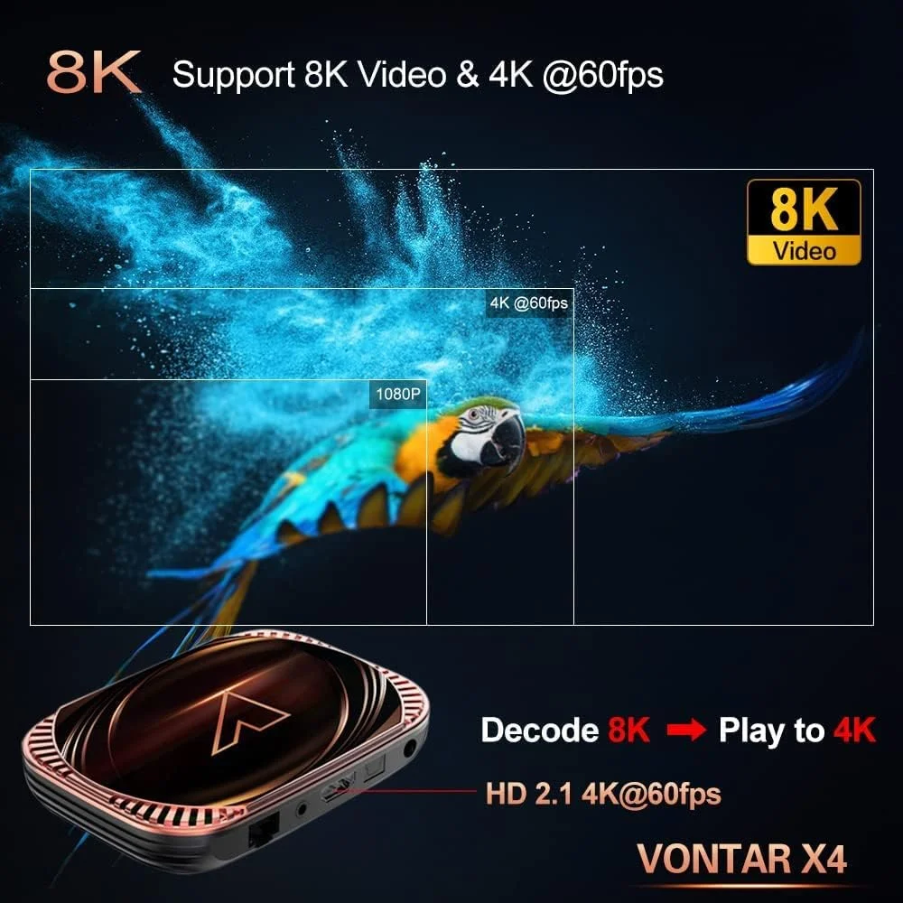 اندروید باکس LIROM Android 11.0 TV Box، پردازنده چهار هستهای VONTAR X4 Amlogic S905X4 ARM Cortex A55 64 بیتی، پشتیبانی از وای فای دوگانه 2.4G/5.0G، کیفیت 8K Utral HD H.265، بلوتوث 4.0، اترنت 1000M، حافظه 4 گیگابایت + 64 گیگابایت اندروید باکس LIROM Android 11.0 TV Box، پردازنده چهار هستهای VONTAR X4 Amlogic S905X4 ARM Cortex A55 64 بیتی، پشتیبانی از وای فای دوگانه 2.4G/5.0G، کیفیت 8K Utral HD H.265، بلوتوث 4.0، اترنت 1000M، حافظه 4 گیگابایت + 64 گیگابایت