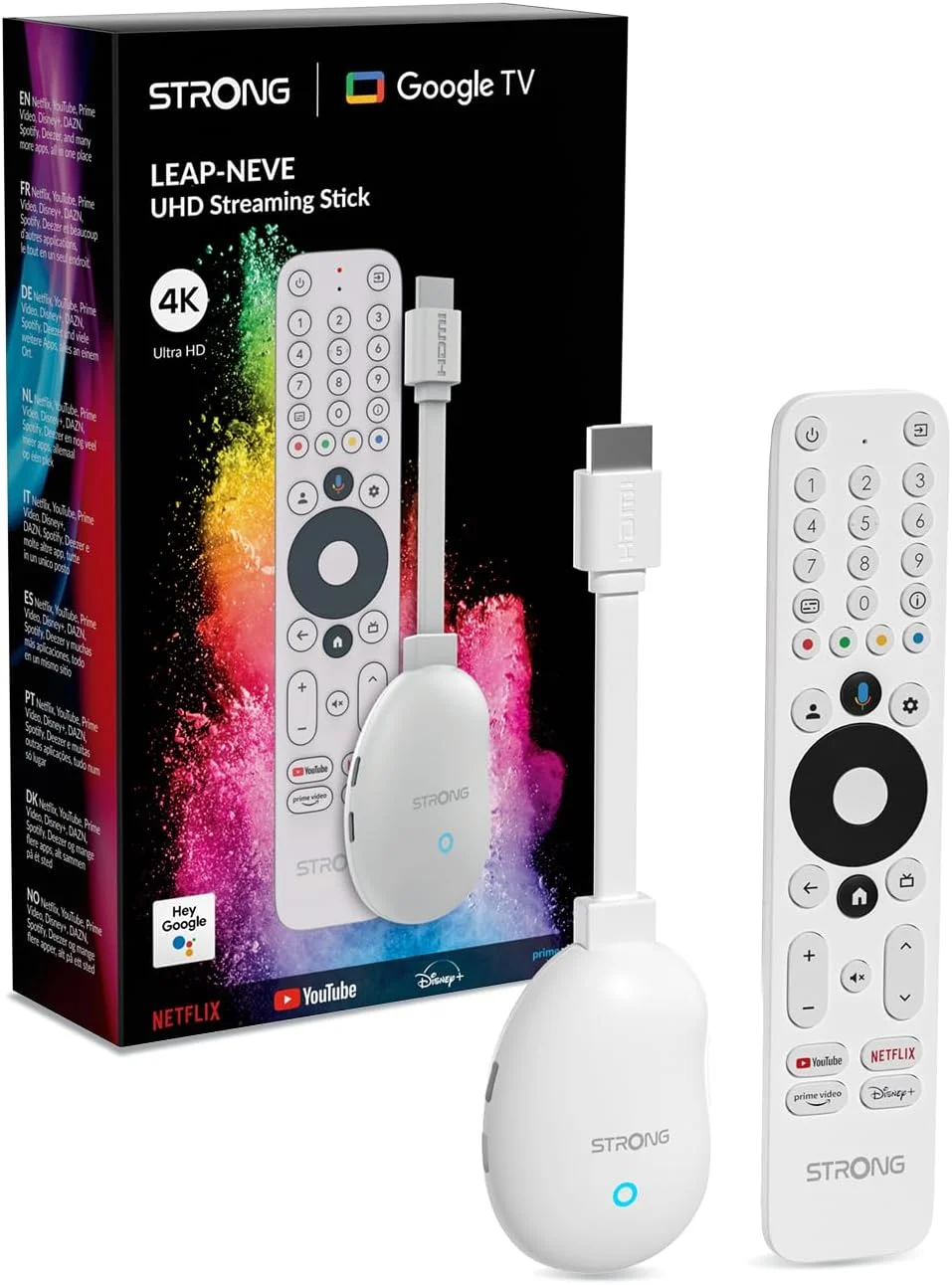 استیک استریمینگ 4K UHD گوگل تی وی مدل STRONG Leap-Neve با پورت اترنت، 2 گیگابایت رم + 16 گیگابایت حافظه، وای فای 6، اندروید 12، کروم کست یکپارچه، دستیار گوگل، دالبی اتموس و دالبی ویژن