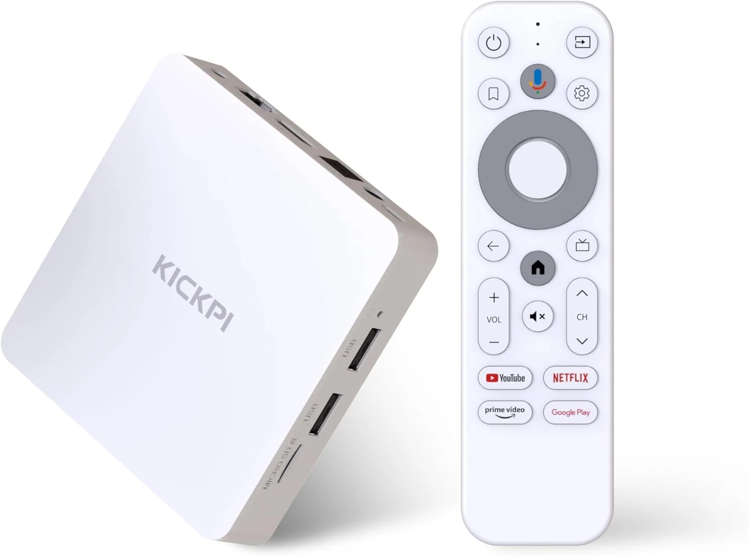 اندروید تی وی باکس KP1 دارای گواهینامه (4K)، کانال های اشتراکی رایگان، 2 گیگابایت رم 32 گیگابایت رام با جستجوی صوتی - پشتیبانی از Chromecast و Dolby Audio، بلوتوث 5.0 اسمارت باکس 2024 (سفید)