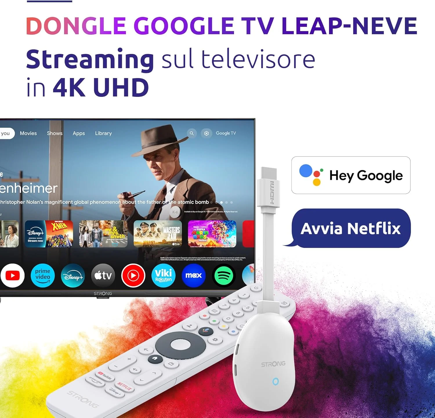 استیک استریمینگ 4K UHD گوگل تی وی مدل STRONG Leap-Neve با پورت اترنت، 2 گیگابایت رم + 16 گیگابایت حافظه، وای فای 6، اندروید 12، کروم کست یکپارچه، دستیار گوگل، دالبی اتموس و دالبی ویژن