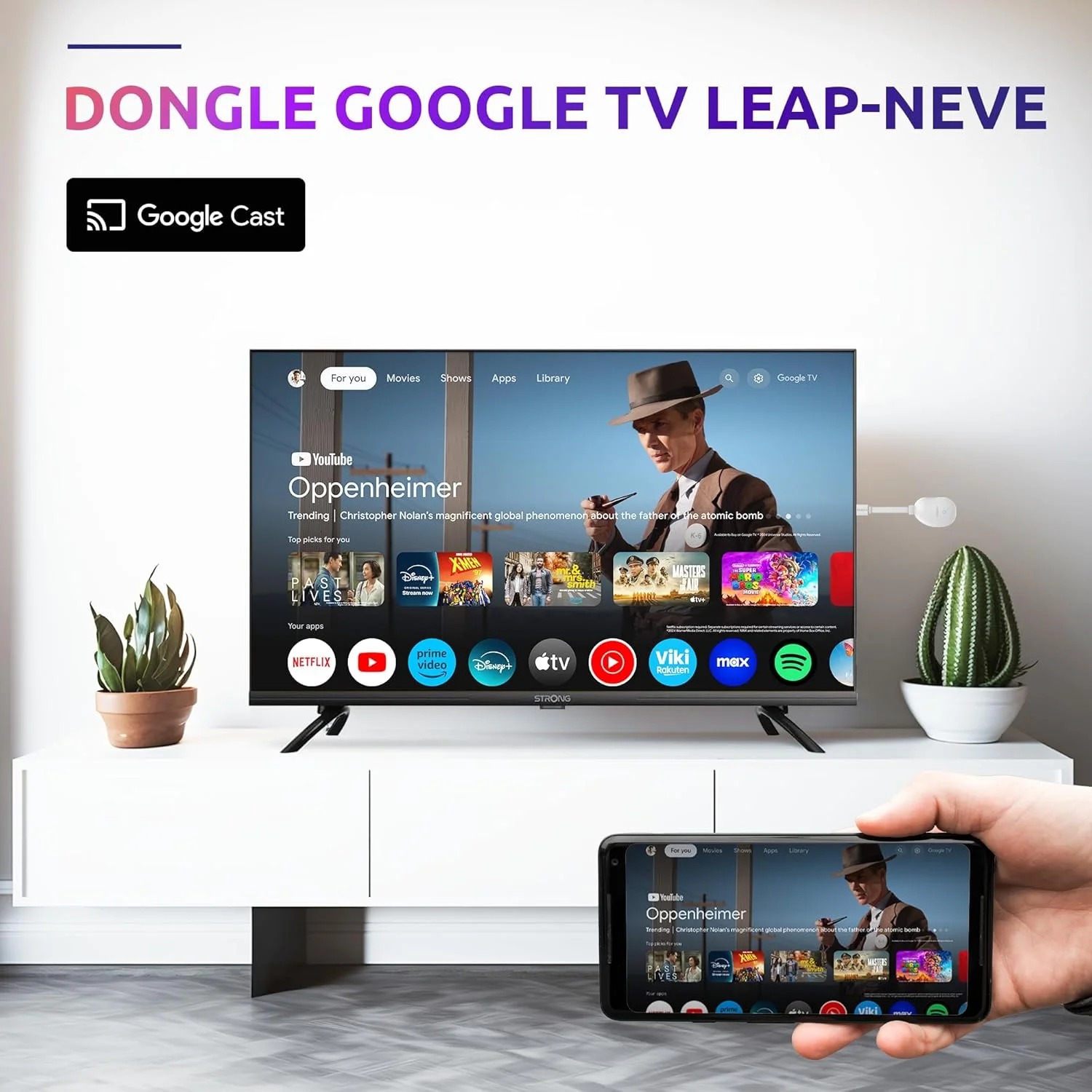 استیک استریمینگ 4K UHD گوگل تی وی مدل STRONG Leap-Neve با پورت اترنت، 2 گیگابایت رم + 16 گیگابایت حافظه، وای فای 6، اندروید 12، کروم کست یکپارچه، دستیار گوگل، دالبی اتموس و دالبی ویژن