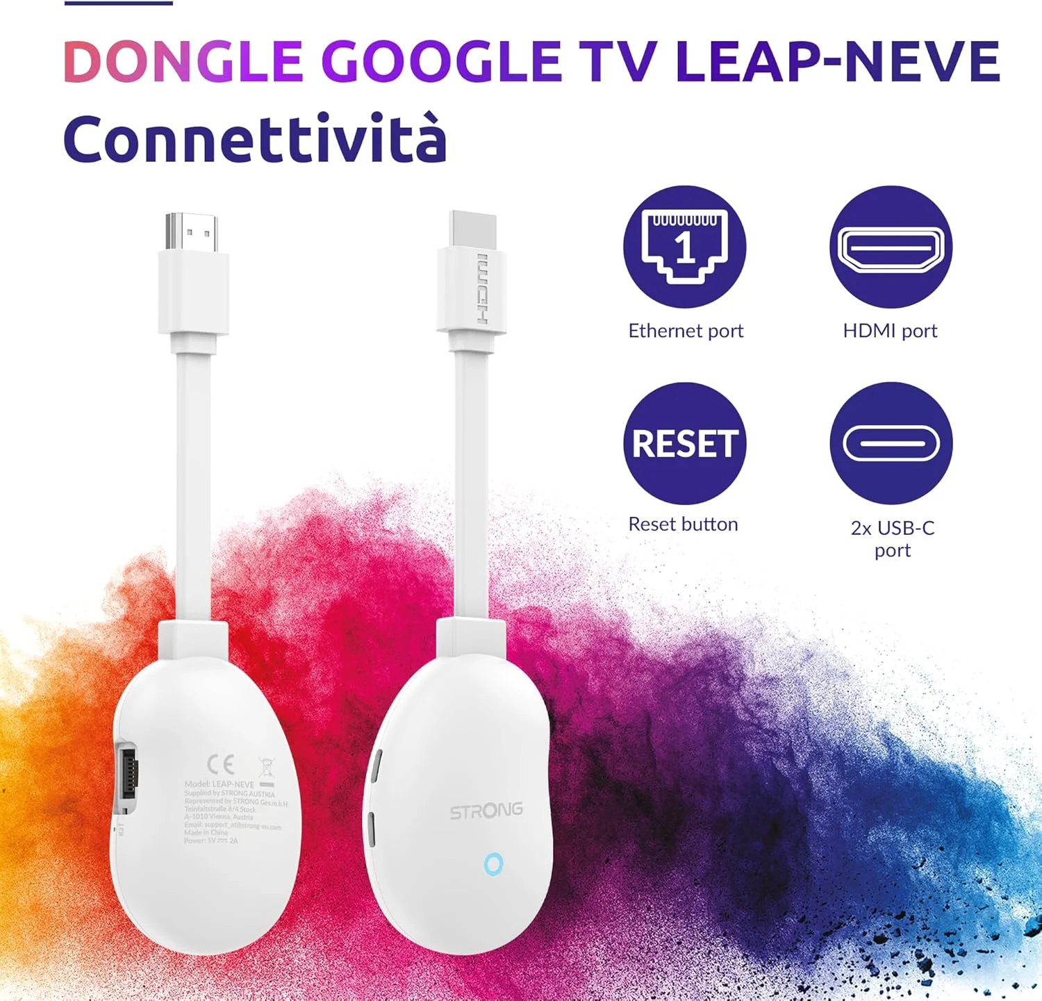 استیک استریمینگ 4K UHD گوگل تی وی مدل STRONG Leap-Neve با پورت اترنت، 2 گیگابایت رم + 16 گیگابایت حافظه، وای فای 6، اندروید 12، کروم کست یکپارچه، دستیار گوگل، دالبی اتموس و دالبی ویژن