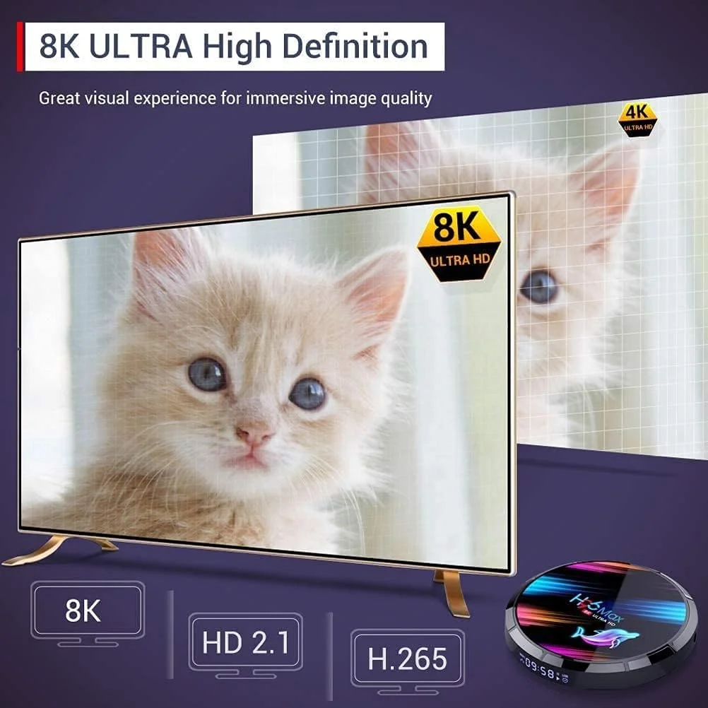 اندروید باکس LIROM مدل Android 9.0، پردازنده چهارهسته‌ای Amlogic S905X3 64 بیتی Cortex A55، وای فای دو بانده 2.4 گیگاهرتز + 5 گیگاهرتز، بلوتوث 4.0، 3D 8K Ultra HD H.265، اترنت 100/1000M، ست تاپ باکس، 4 گیگابایت + 32 گیگابایت