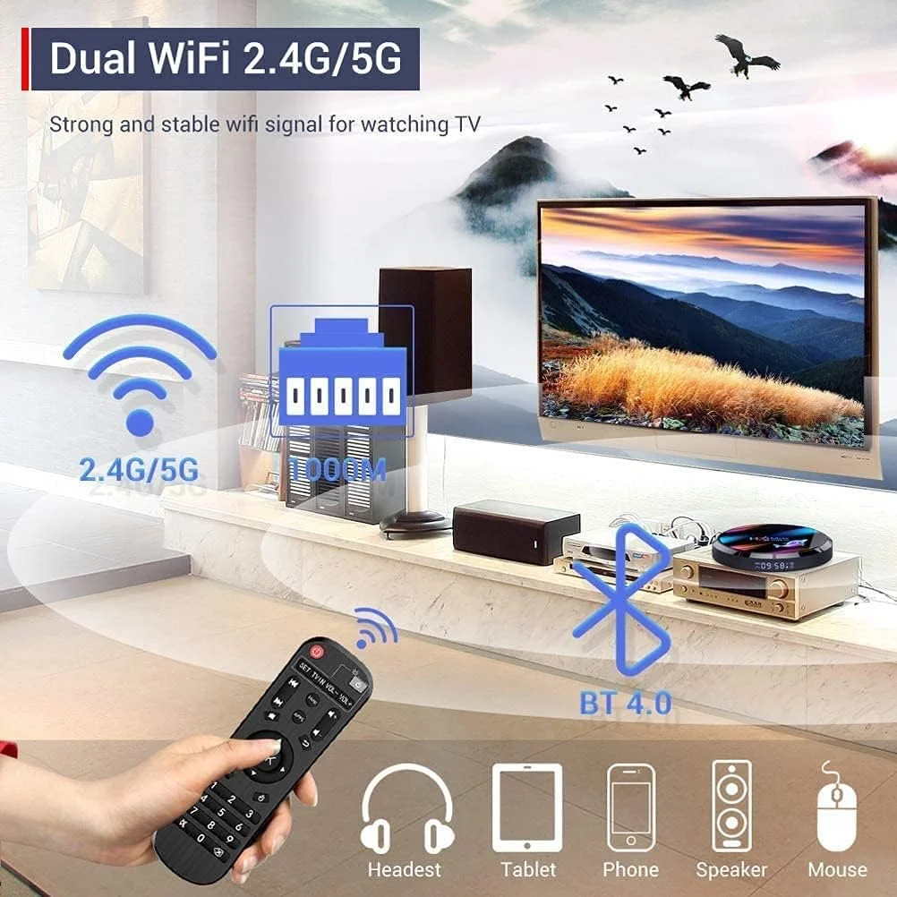 اندروید باکس LIROM مدل Android 9.0 TV Box، پردازنده چهارهسته‌ای Amlogic S905X3 64-Bit Cortex A55، وای فای دو بانده 2.4 گیگاهرتز + 5 گیگاهرتز، بلوتوث 4.0، کیفیت 3D 8K Ultra HD H.265، اترنت 100/1000M، حافظه 4 گیگابایت + 128 گیگابایت