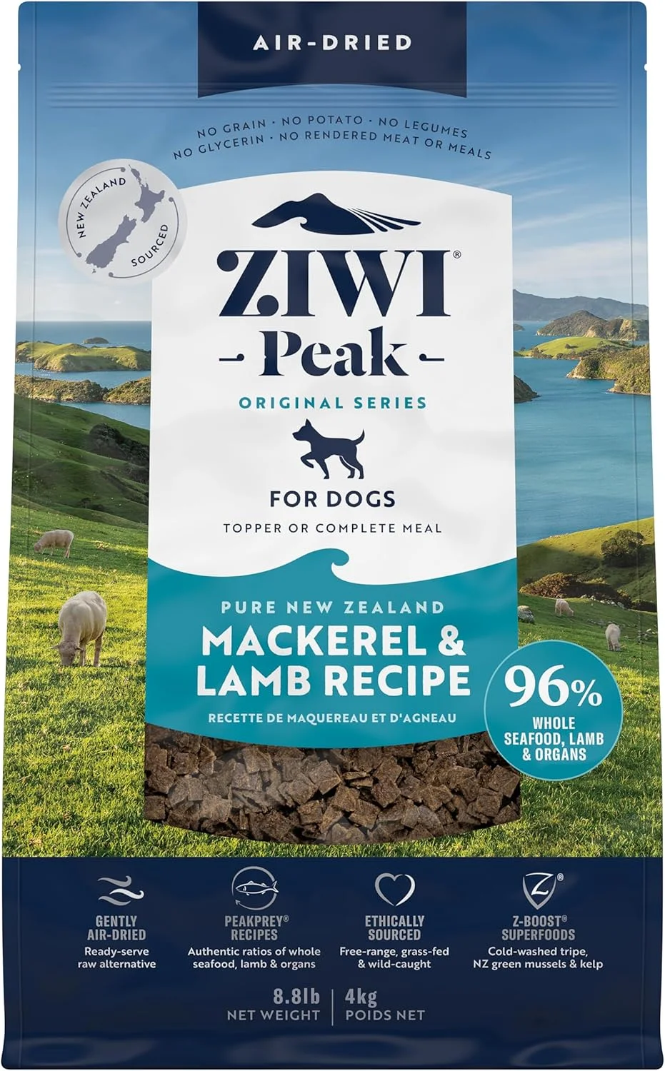 غذای خشک سگ ZIWI Peak - کاملا طبیعی، پروتئین بالا، بدون غلات و با مواد اولیه محدود به همراه سوپرفودها (ماهی خال مخالی و بره، 4 کیلوگرم)