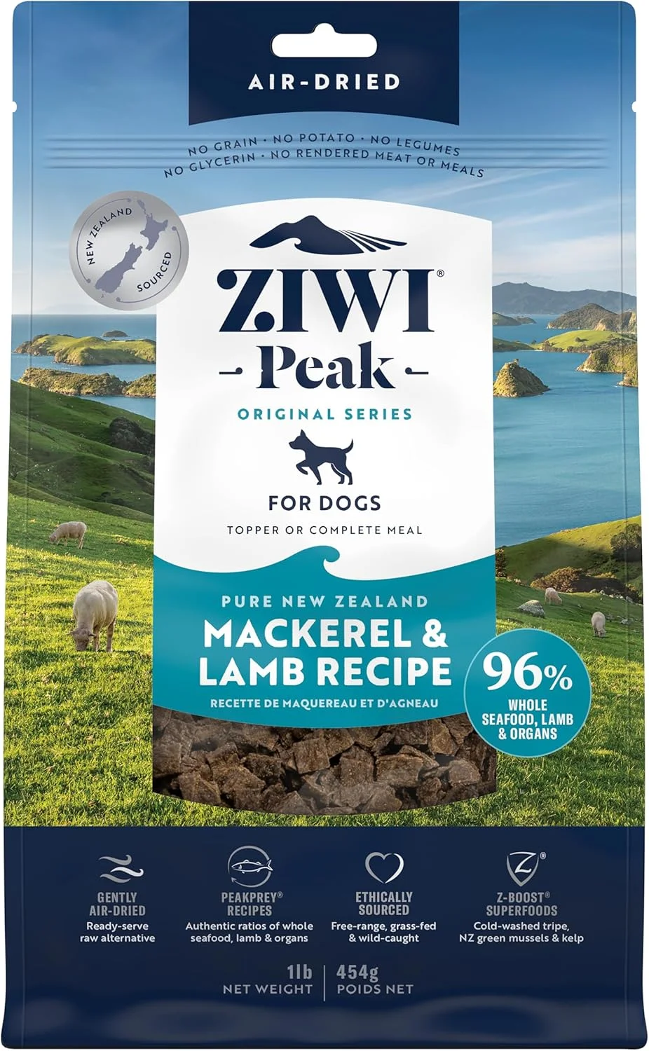 غذای خشک سگ ZIWI Peak - کاملا طبیعی، پروتئین بالا، بدون غلات و با مواد اولیه محدود به همراه سوپرفودها (ماهی خال مخالی و بره، 450 گرم)