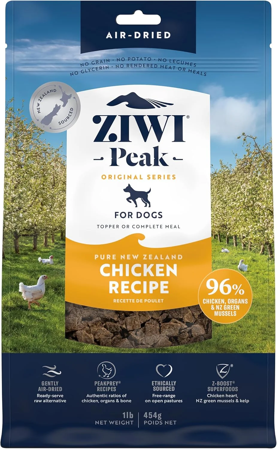 غذای خشک سگ ZIWI Peak با هوا خشک شده - کاملا طبیعی، پروتئین بالا، بدون غلات و با مواد اولیه محدود به همراه سوپرفودها (مرغ، 450 گرم)