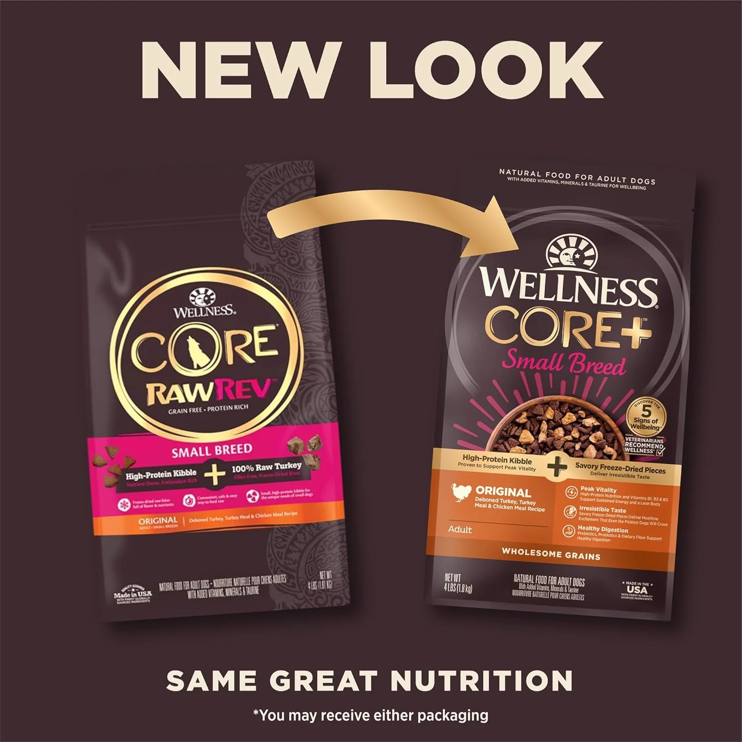 غذای خشک سگ نژاد کوچک Wellness CORE RawRev با غلات کامل، دستور پخت اصلی، کیسه 4 پوندی