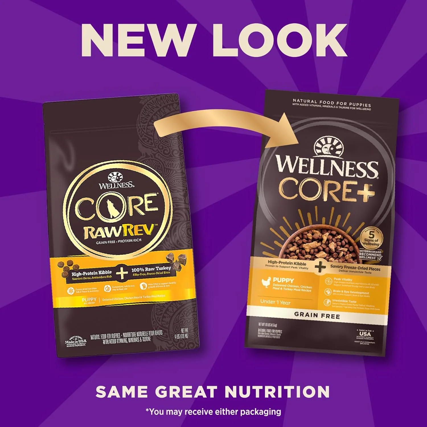 غذای خشک سگ نژاد کوچک Wellness CORE Rawrev بدون غلات با طعم مرغ و بوقلمون، حاوی تکه های بوقلمون خشک شده، 10 پوند