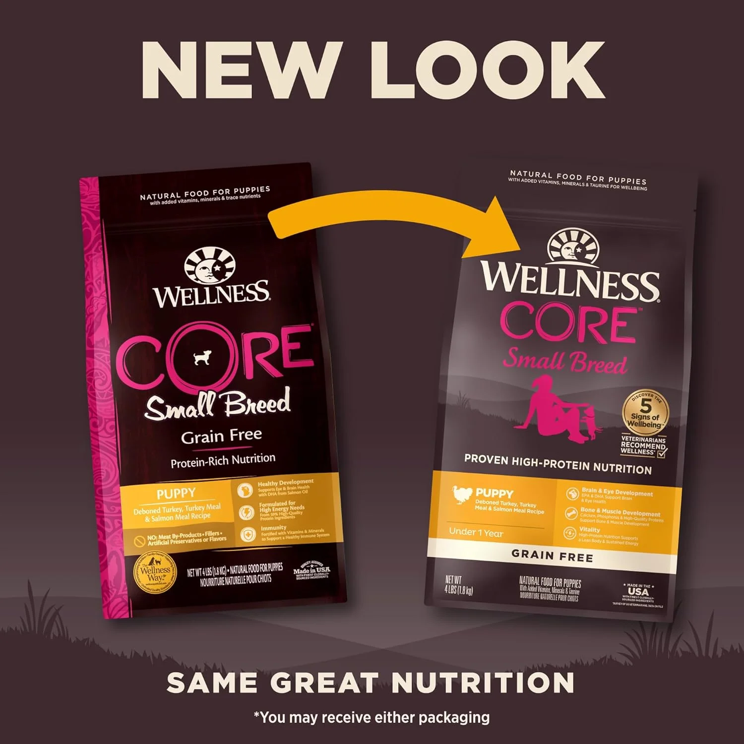 غذای خشک سگ نژاد کوچک Wellness CORE، بدون غلات، پروتئین بالا، مواد طبیعی، ساخت آمریکا با گوشت واقعی (توله سگ، بوقلمون، کیسه 4 پوندی)