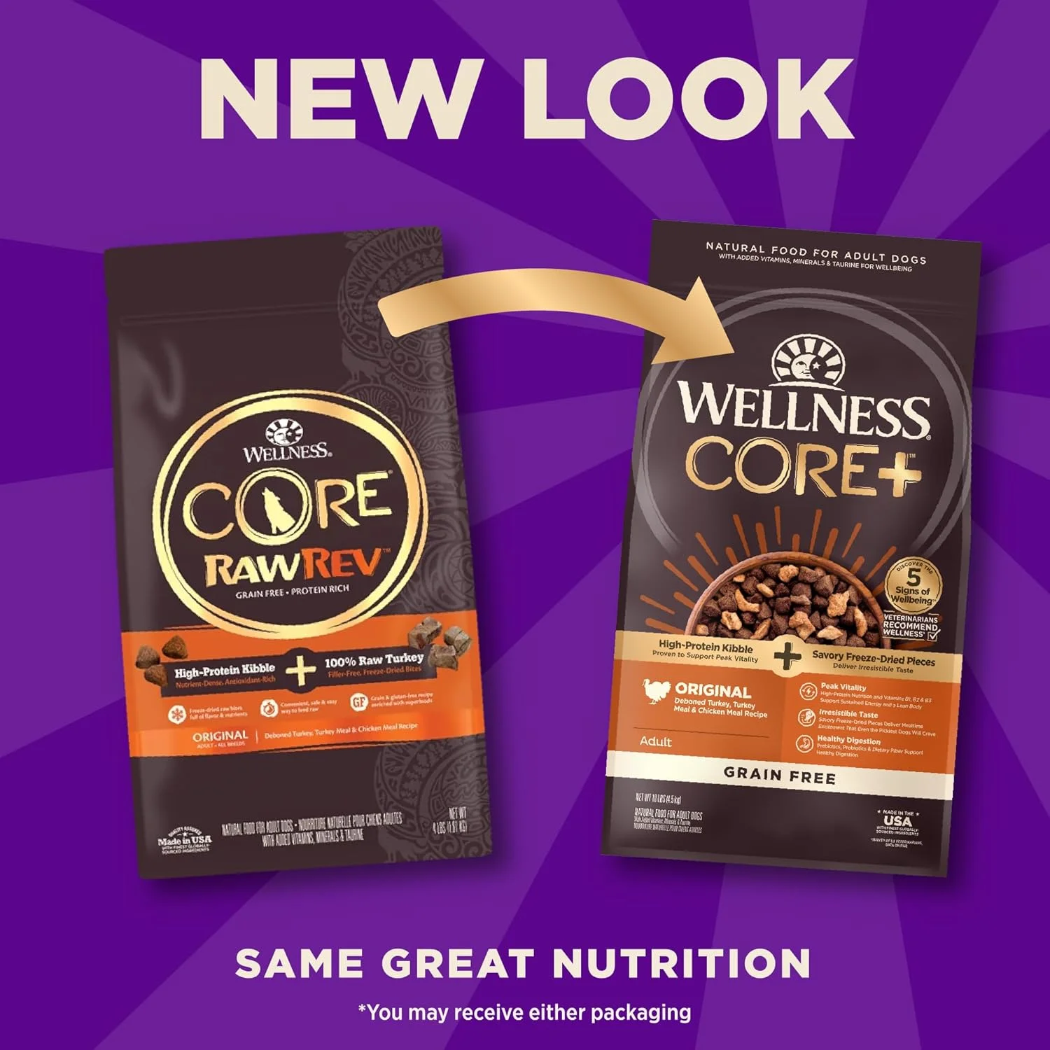 غذای خشک سگ بدون غلات Wellness CORE RawRev، مواد طبیعی، ساخت آمریکا با گوشت واقعی خشک شده انجمادی (بزرگسال، بوقلمون، 10 پوند)