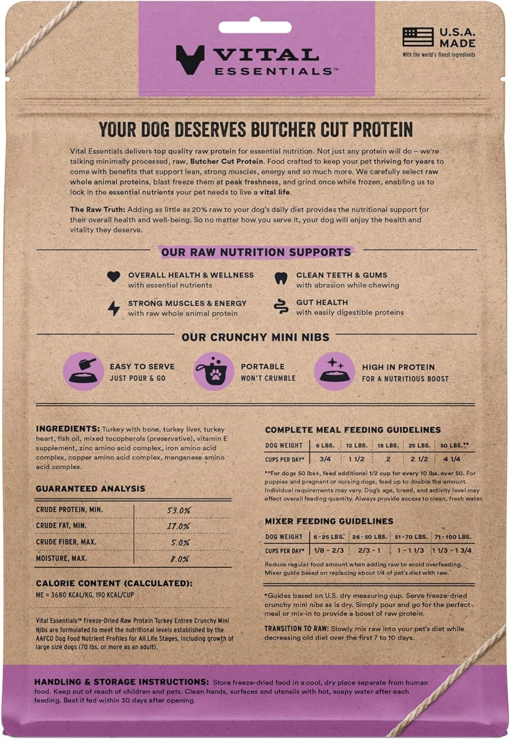 غذای سگ با طعم بوقلمون خام خشک شده Vital Essentials®، مدل Crunchy Mini Nibs، وزن 396 گرم