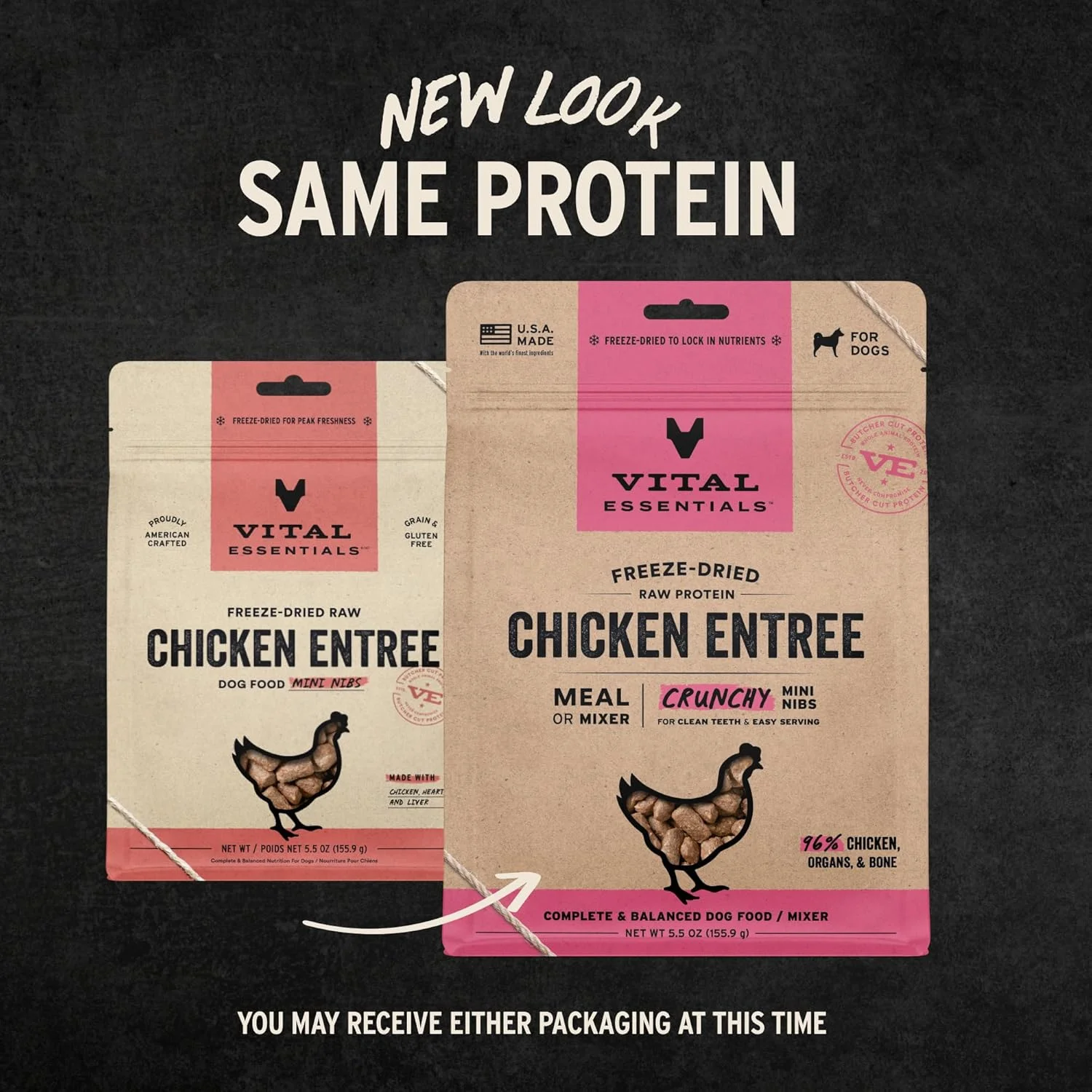 غذای سگ Vital Essentials® با طعم مرغ، خشک شده انجمادی، تکه های کوچک ترد، 156 گرم