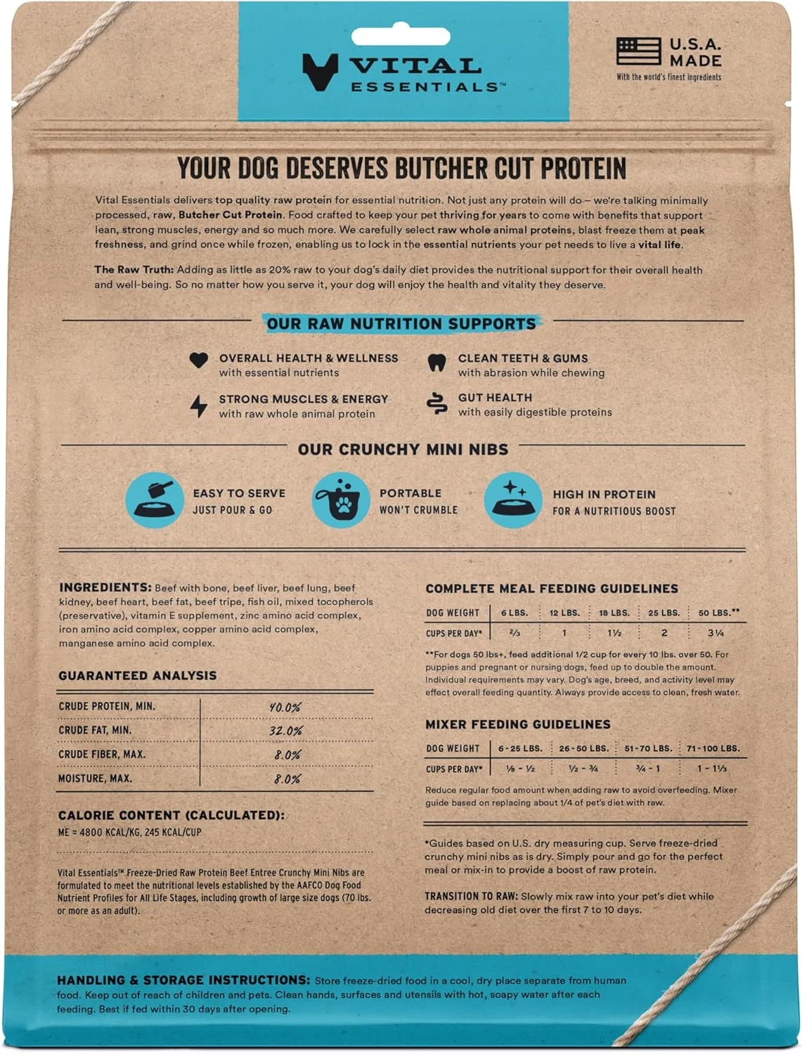 غذای سگ Vital Essentials، غذای خام خشک شده با گوشت گاو یا مخلوط کن، تکه های کوچک ترد، 708 گرم