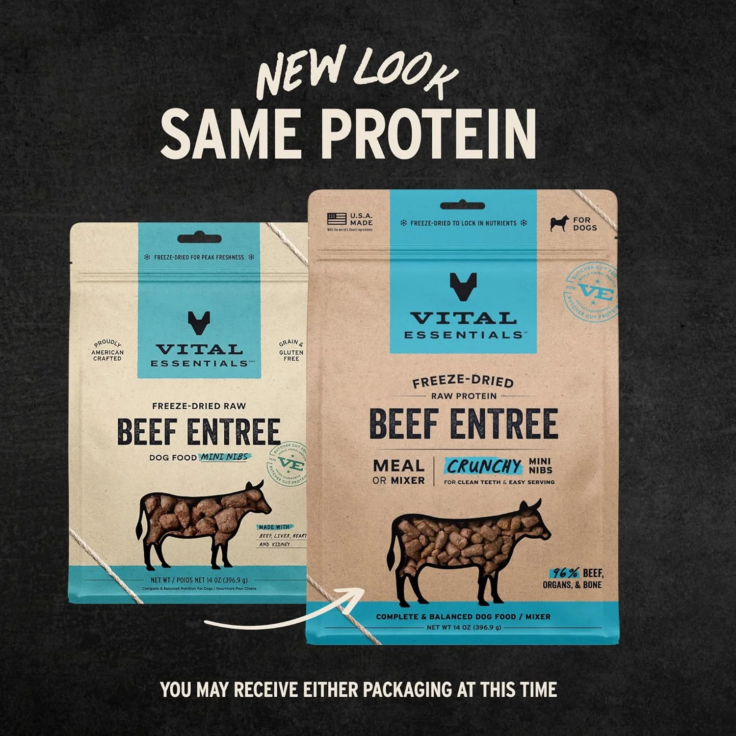 غذای سگ خشک شده انجمادی Vital Essentials، غذای اصلی تکه های کوچک گوشت گاو خام 396 گرم