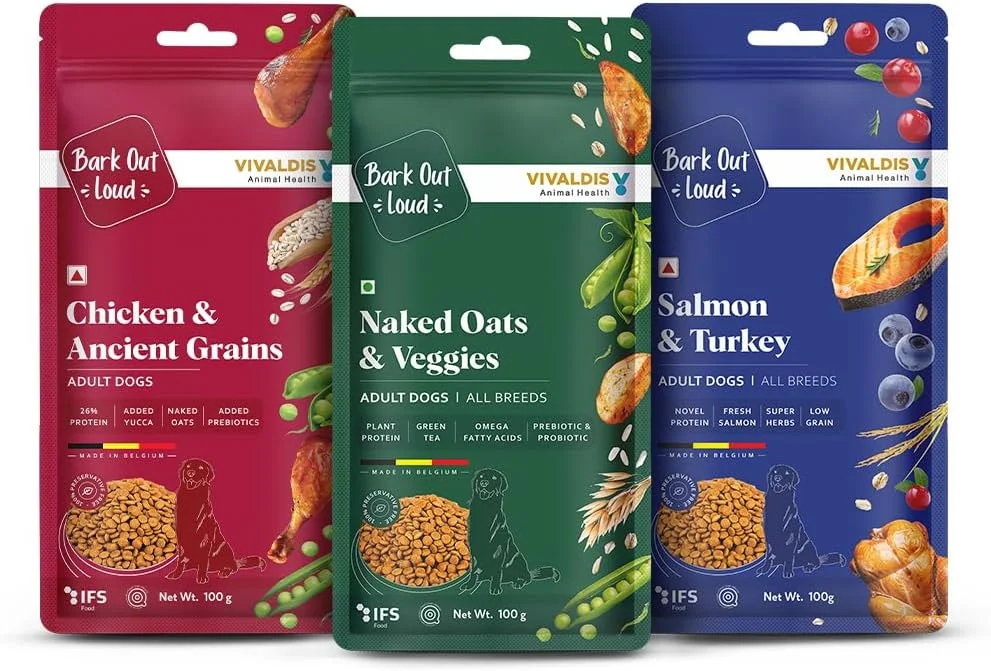 غذای خشک سگ بالغ Bark Out Loud by Vivaldis - جو دوسر و سبزیجات، سالمون و بوقلمون، و مرغ و غلات باستانی - غنی از پروتئین، تغذیه حیوانات خانگی با مواد مغذی و گیاهان (100 گرم، بسته 3 عددی)