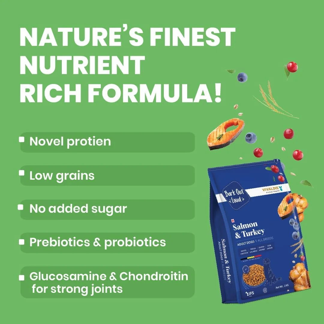 غذای خشک سگ بالغ Bark Out Loud by Vivaldis - جو دوسر و سبزیجات، سالمون و بوقلمون، و مرغ و غلات باستانی - غنی از پروتئین، تغذیه حیوانات خانگی با مواد مغذی و گیاهان (100 گرم، بسته 3 عددی)