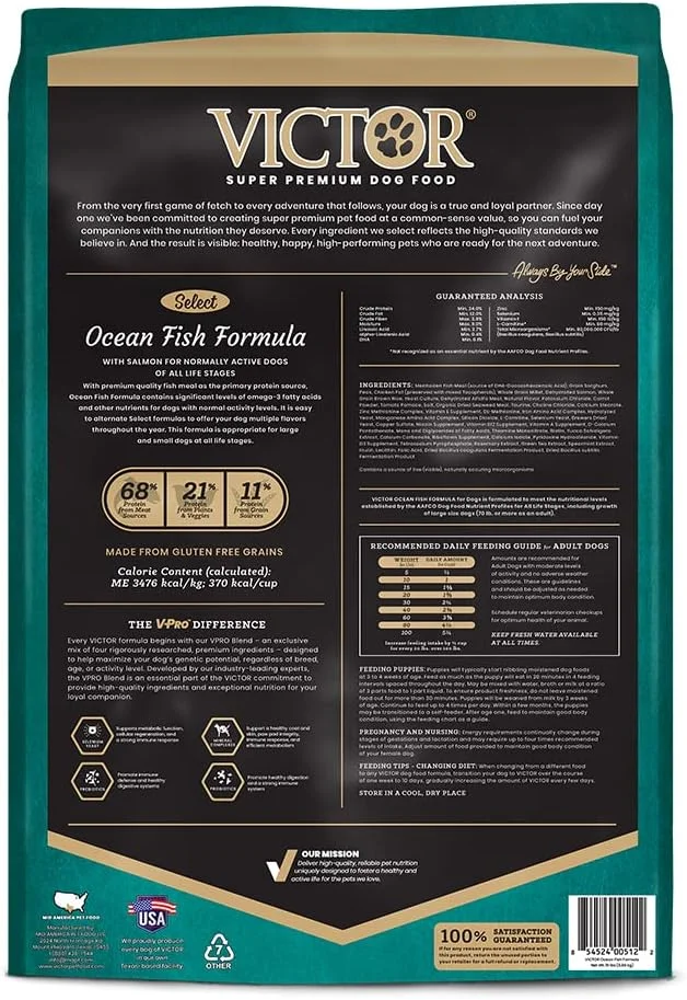 غذای خشک سگ سوپر پریمیوم ویکتور - سلکت - فرمول ماهی اقیانوس - غذای خشک بدون گلوتن برای همه سگ های فعال با مراحل مختلف زندگی، 15 پوند