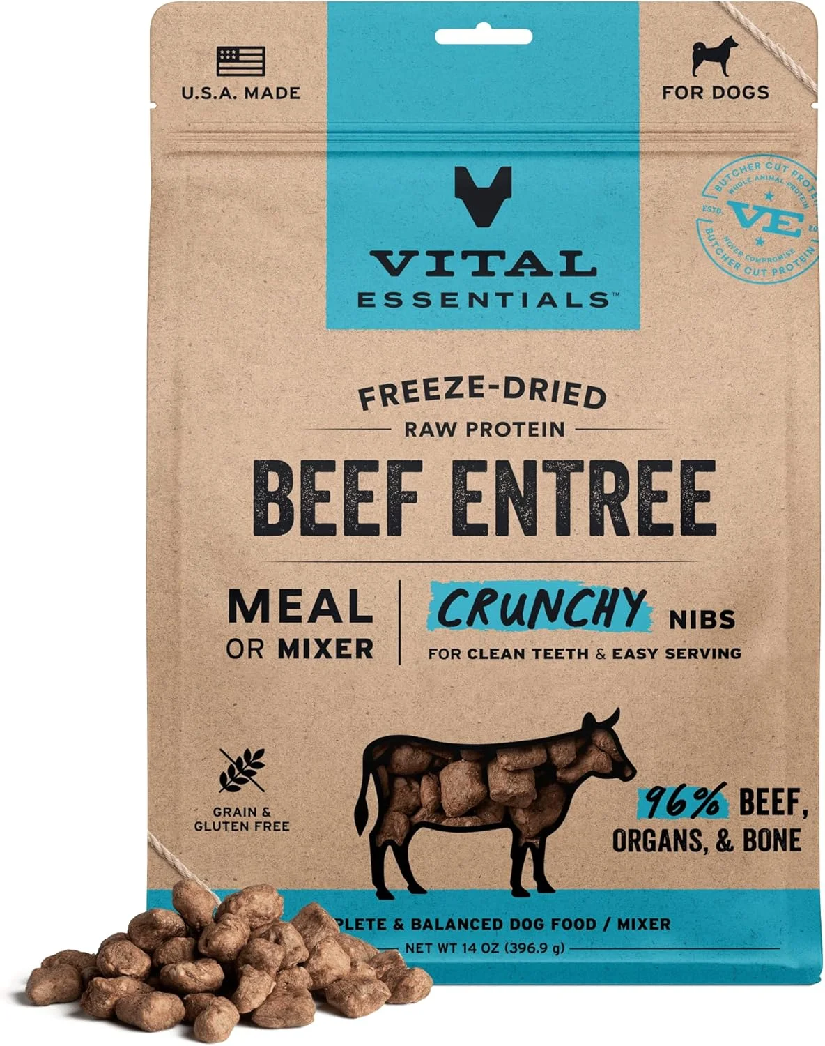 غذای سگ نژاد بزرگ Vital Essentials®، غذای اصلی و مخلوط کن گوشت گاو خام خشک شده، تکه های ترد، 396 گرم