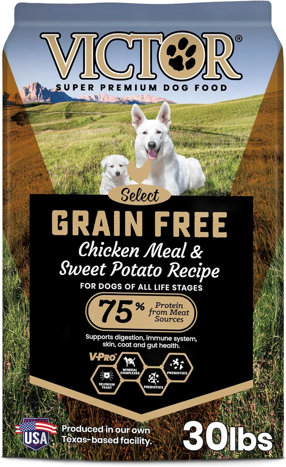 غذای خشک سگ ویکتور سوپر پریمیوم - بدون غلات، مرغ و سیب زمینی شیرین - 33% پروتئین، 16% چربی - غذای خشک سگ برای تمام مراحل زندگی - غذای خشک با پروتئین بالا برای تمام سگ های با فعالیت نرمال، 30 پوند
