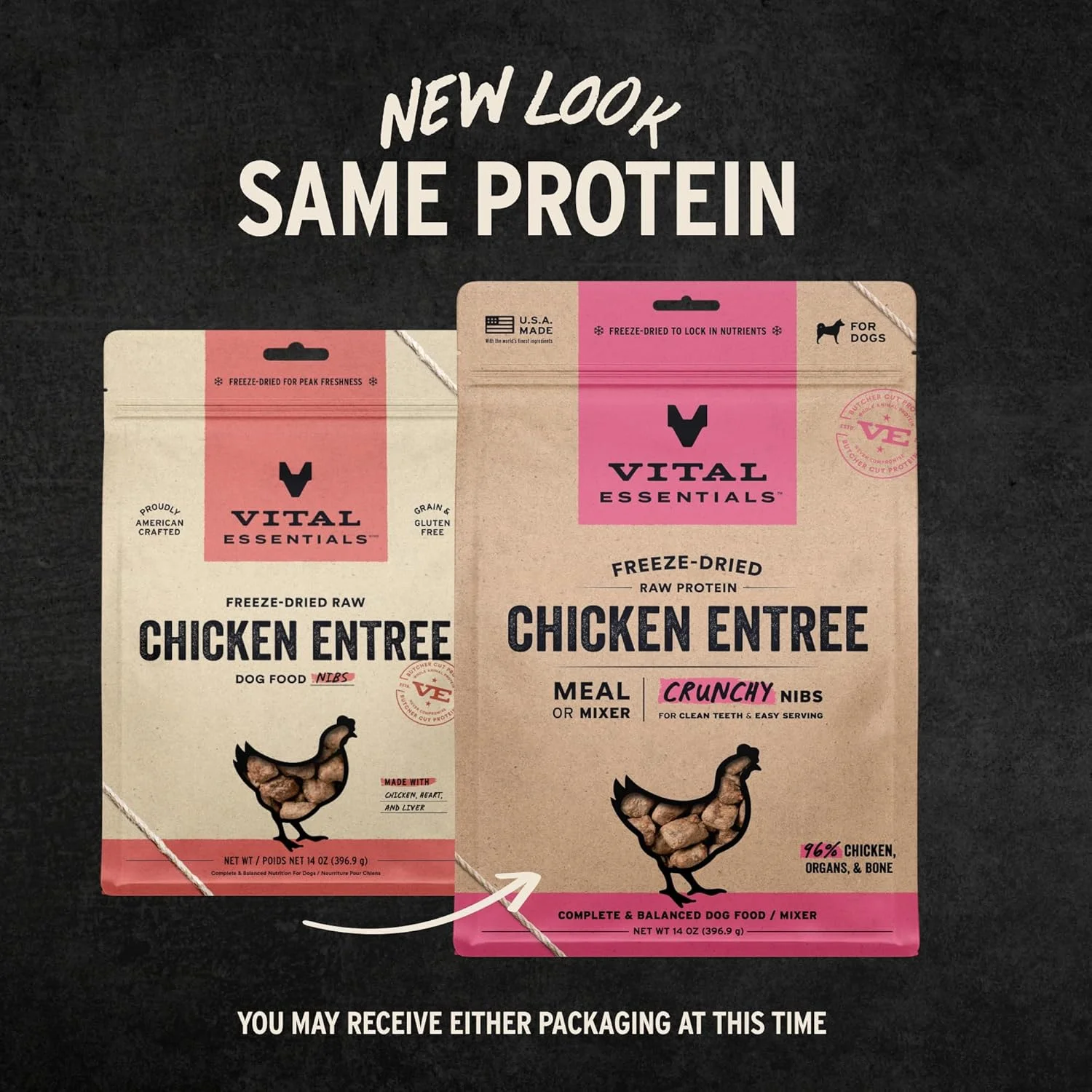 غذای سگ Vital Essentials® با مرغ خام خشک شده، غذای اصلی و مخلوط کن، تکه های ترد، 396 گرم