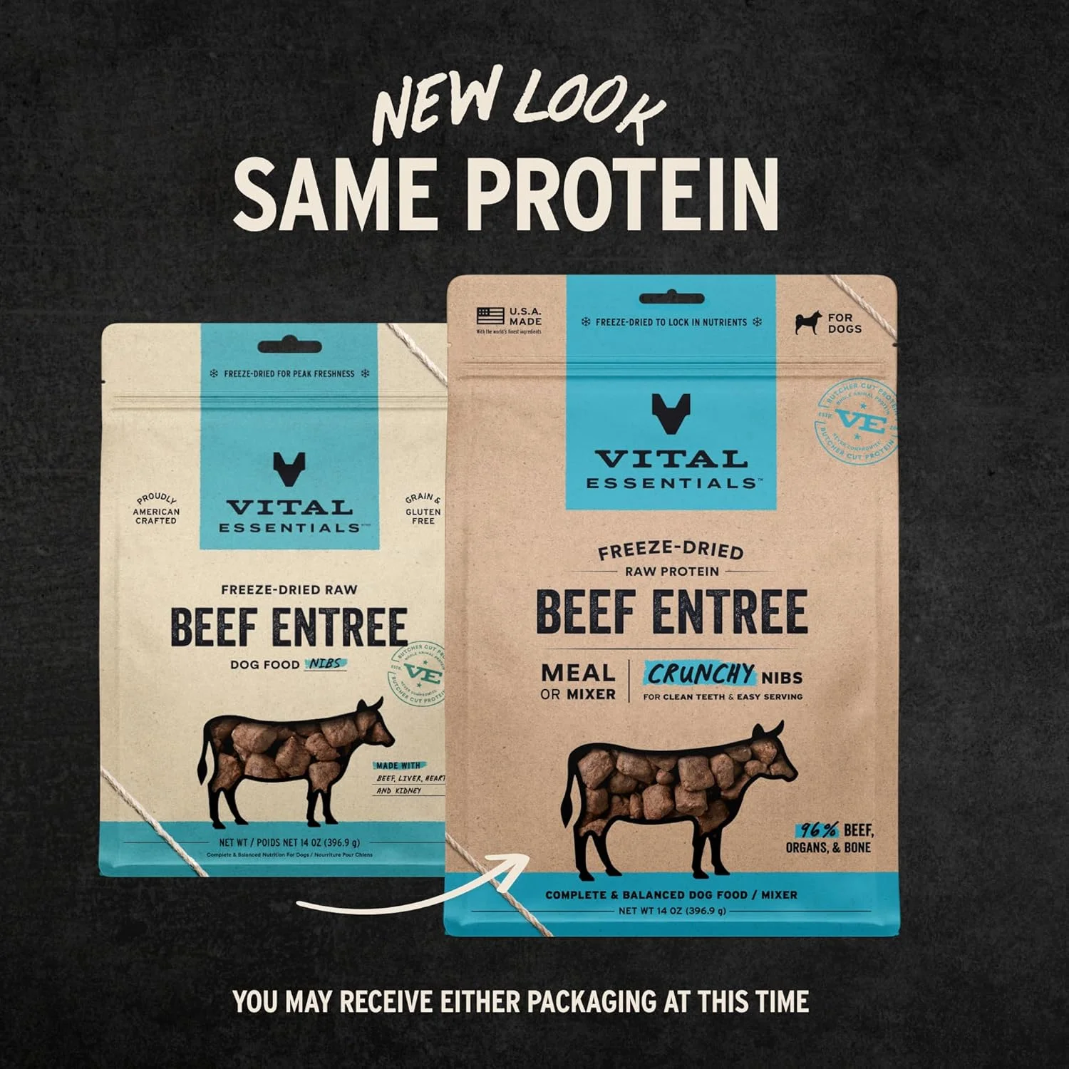 غذای سگ نژاد بزرگ Vital Essentials®، غذای اصلی و مخلوط کن گوشت گاو خام خشک شده، تکه های ترد، 396 گرم