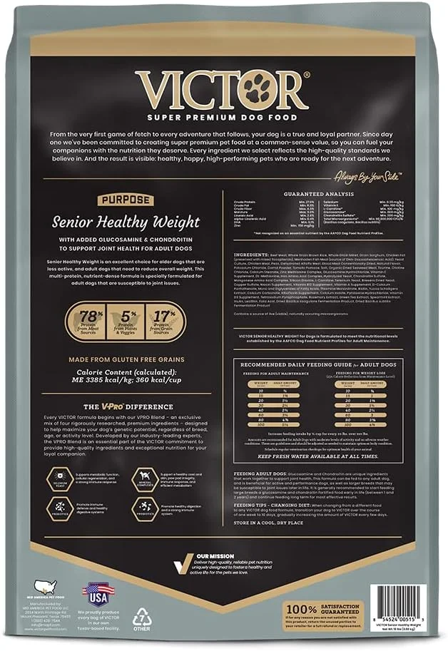 غذای خشک سگ ویکتور سوپر پریمیوم – Purpose - وزن سالم سالمندان – غذای خشک مدیریت وزن بدون گلوتن برای سگ های مسن با گلوکزامین و کندرویتین، برای سلامت لگن و مفاصل، 6.8 کیلوگرم