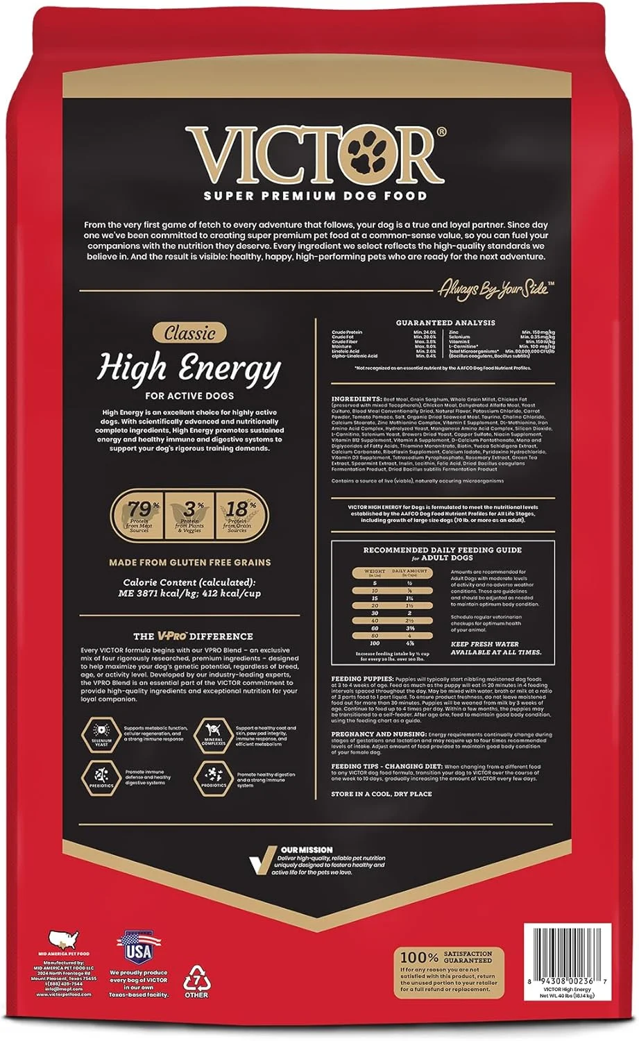غذای خشک سگ سوپر پریمیوم ویکتور - غذای خشک پرانرژی برای سگ های فعال - غذای بدون گلوتن با پروتئین گوشت گاو و مرغ برای سگ های ورزشی - مناسب برای همه نژادها و تمام مراحل زندگی، 18 کیلوگرمی