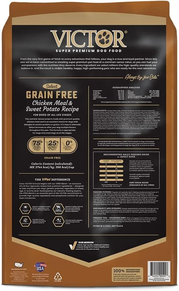 غذای خشک سگ ویکتور سوپر پریمیوم - بدون غلات، مرغ و سیب زمینی شیرین - 33% پروتئین، 16% چربی - غذای خشک سگ برای تمام مراحل زندگی - غذای خشک با پروتئین بالا برای تمام سگ های با فعالیت نرمال، 30 پوند